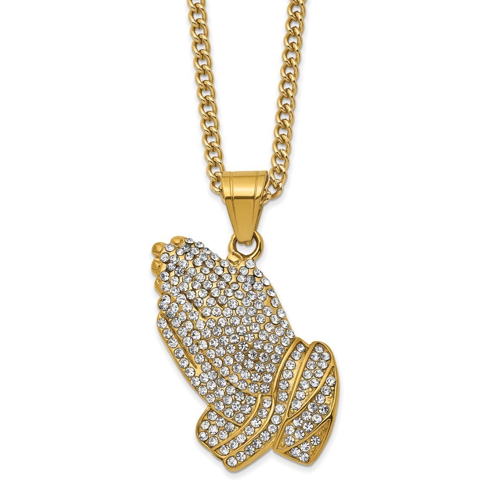 Stainless Steel Yellow Ip-Plated Crystal Praying Hands Pendant 24